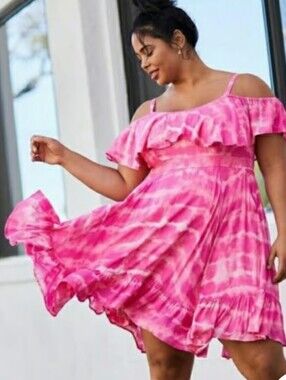 Torrid Plus Size 3x: Pink Tie-Dye Cold Shoulder Mini Gauze Skater Dress